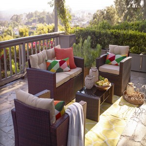 등나무 4pcs 옥외 고리 버들 세공식 대화 세트 안뜰 날씨 방수 쿠션 및 강화 유리 탁상용 (진한 갈색)