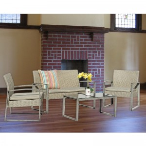 4 조각 야외 대화 세트 파티오 가든 수영장 잔디 등나무 위커 Loveseat 소파 쿠션 시트 \u0026 유리 탑 커피 테이블 가구 세트