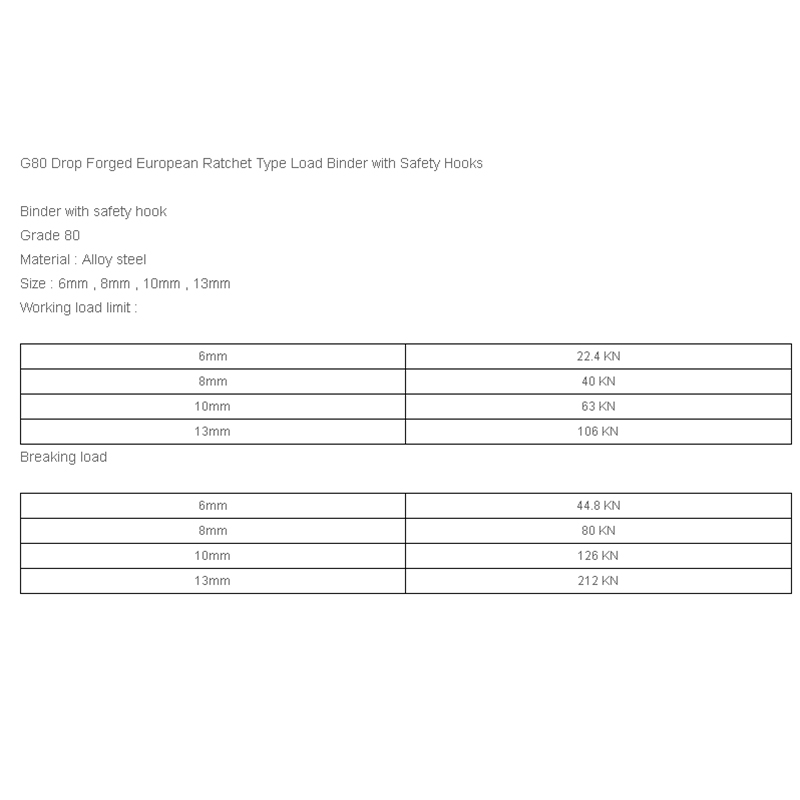 G80 드롭 위조 된 유럽 래칫 유형 하중 바인더와 안전 후크