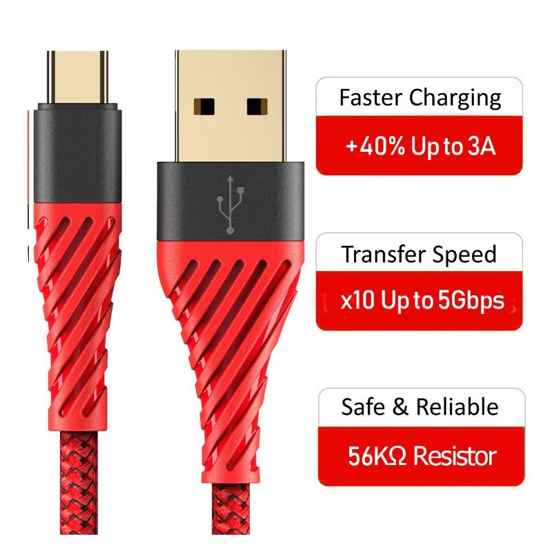 USB C 케이블 3.0, USB Type C 케이블 삼성 Galaxy S8, S9 Plus, Note 8, LG v20, G6, G5, v30, Google Pixel 2 XL, Nexus 6-3 Pack Red 용 휴대 전화 케이블에 USB 고속 충전