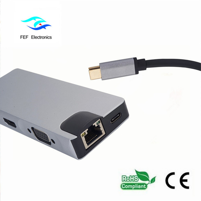 USB 유형 c / ​​HDMI 여성 + VGA 여성 + 2 * USB3.0 여성 + SD + TF + PD 금속 케이스