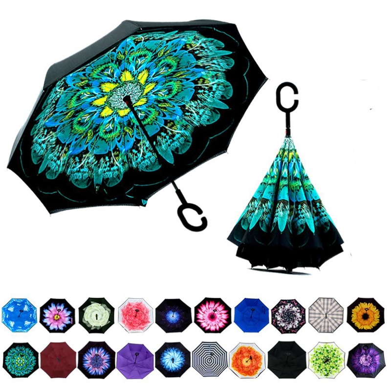 새로운 디자인 2019 인쇄 꽃 안에 이중 레이어 거꾸로 똑바로 우산을 거꾸로