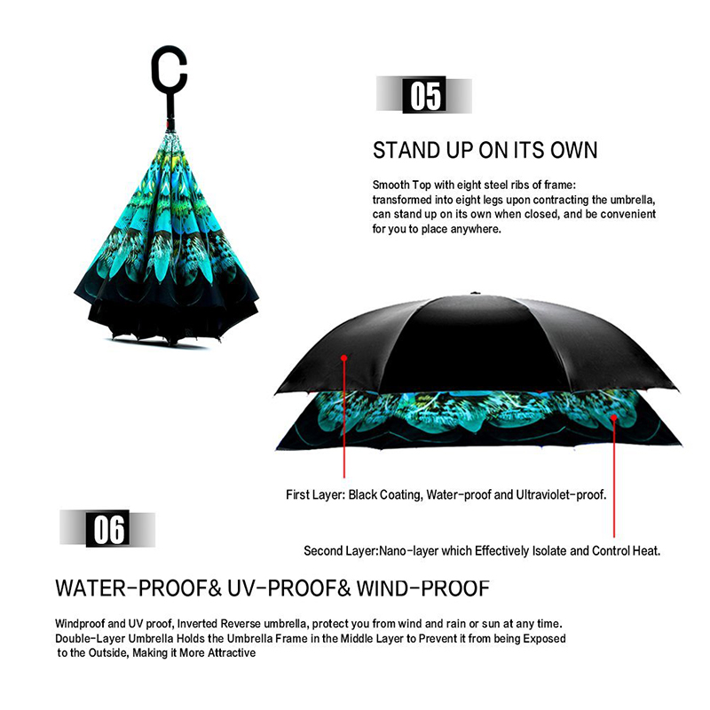 새로운 디자인 2019 인쇄 꽃 안에 이중 레이어 거꾸로 똑바로 우산을 거꾸로