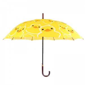 23 인치 명주 패브릭 자동 열기 노란색 오리 만화 패턴 직선 우산