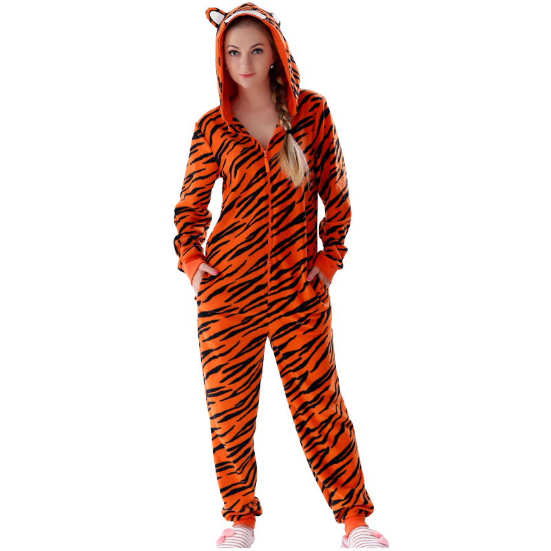 여성 마이크로 화이버 양털 후드 타이거 Onesie Pyjama Suit