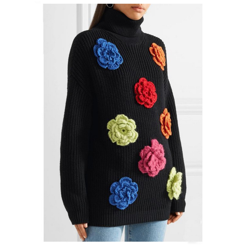 모직 터틀넥 수제 꽃 여성 스웨터 겨울 풀 오버 스웨터