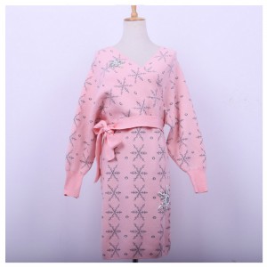 2018 따뜻한 눈송이 모조 다이아몬드 아플리케 숙녀 슬래시 카디건 니트 드레스