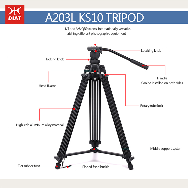 Diat A203L KS-10 알루미늄 합금 디지털 비디오 지원 삼각대 1.8 미터 높이 3 섹션