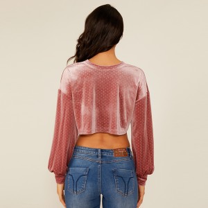 여자 하이 웨스트 긴팔 폴카 Boho Dot Suede Top