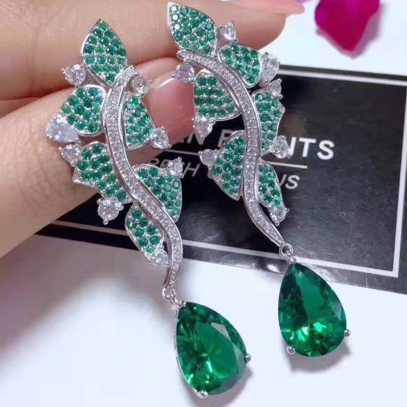 925 STERLING SILVER SYNTHETIC EMERALD LEAF CUBIC ZIRCONIA WOMEN ANGLE 귀걸이