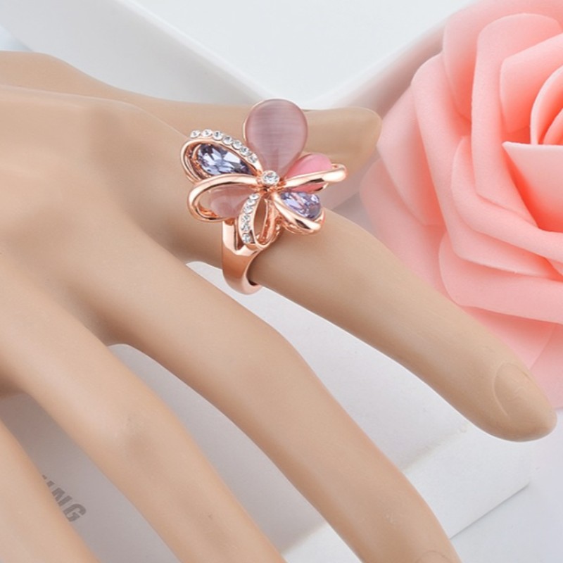 부드러운 핑크 로즈 골드 큐빅 지르코니아 꽃 탄생석 보석 약혼 반지
