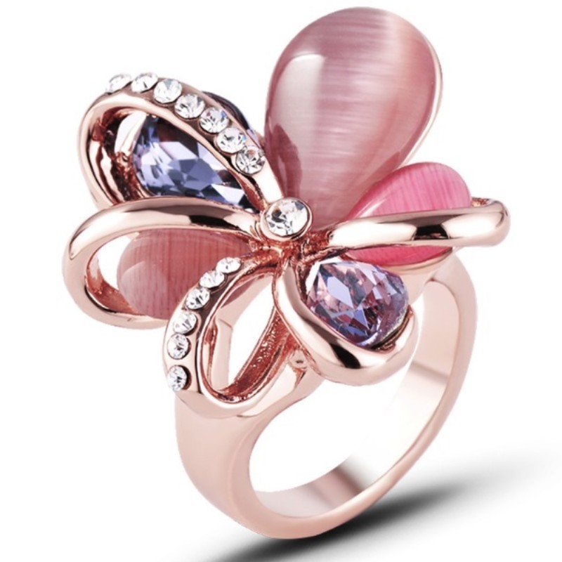 부드러운 핑크 로즈 골드 큐빅 지르코니아 꽃 탄생석 보석 약혼 반지