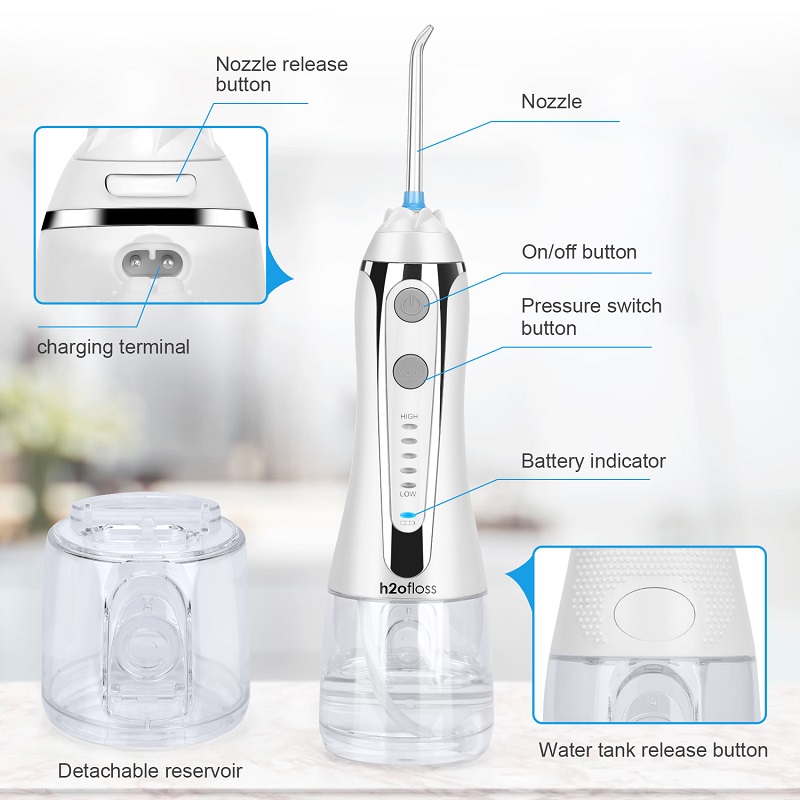 H2ofloss 물 Flosser 직업적인 코드가없는 치과 구두 Irrigator-이 청소를위한 휴대용과 재충전 용 IPX7 방수 물 Flossing, 300ml 저수지 가정과 여행 (HF-2)