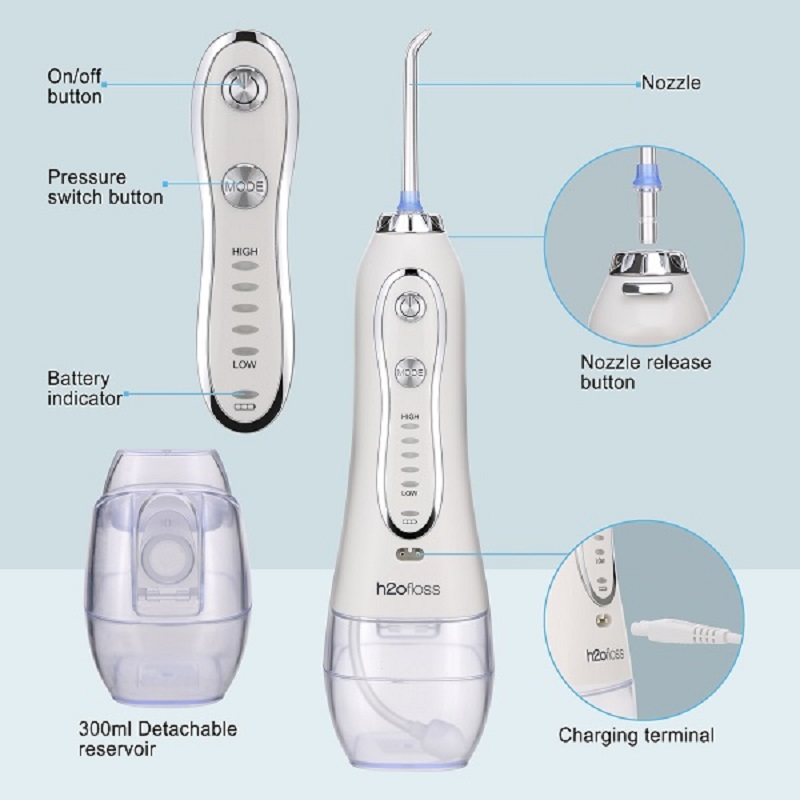 H2ofloss 물 Flosser 직업적인 코드가없는 치과 구두 Irrigator-이 청소를위한 휴대용과 재충전 용 IPX7 방수 물 Flossing, 300ml 저수지 가정과 여행 (HF-6)