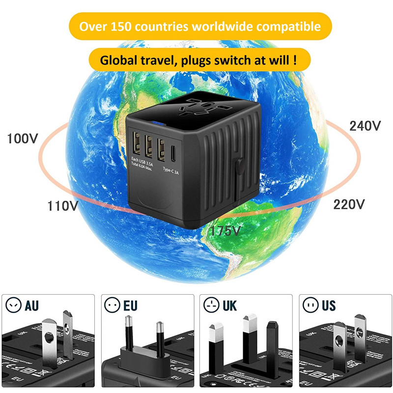 최대 전력 1920W 및 30W (3USB & 1Type C) 초고속 충전 범용 여행용 어댑터 전세계 여행용 전원 어댑터 미국 EU 영국 AUS 용 PD 및 빠른 충전 3.0이 포함 된 범용 벽면 어댑터 (패키지가 다를 수 있음)