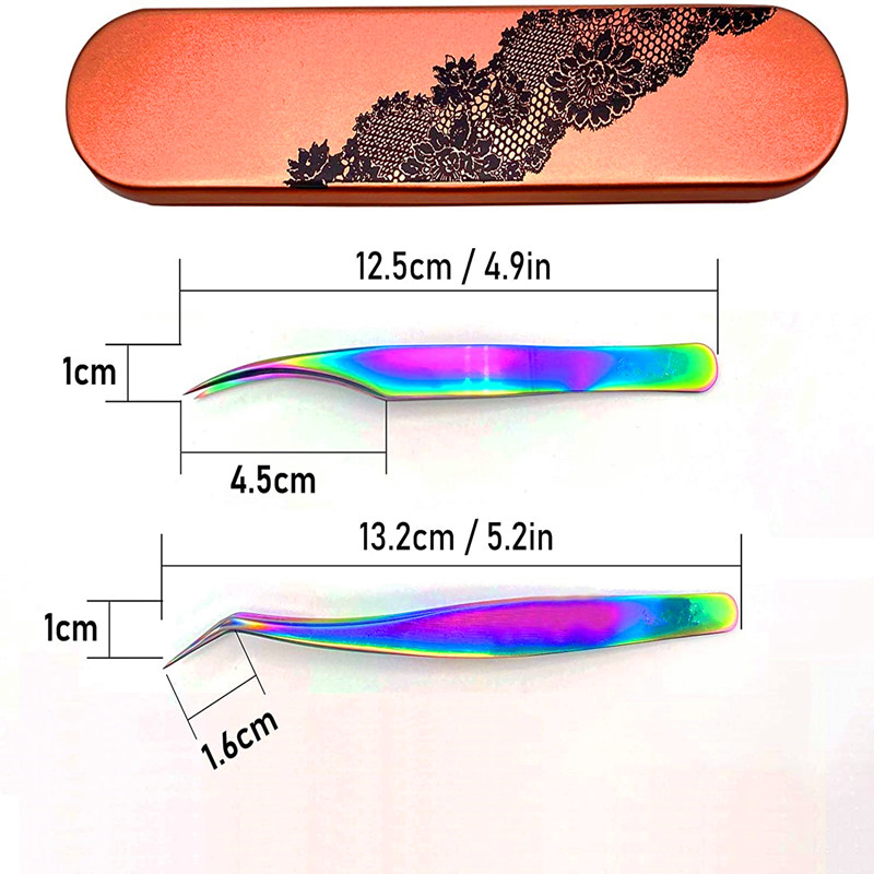 2 개 속눈썹 연장 핀셋 키트, 스테인레스 스틸 무지개 다채로운 표면 3D 4D 5D 6D 전문 속눈썹 확장 볼륨 모양 곡선 핀셋 선택기 레이스 aluminuim 상자 케이스