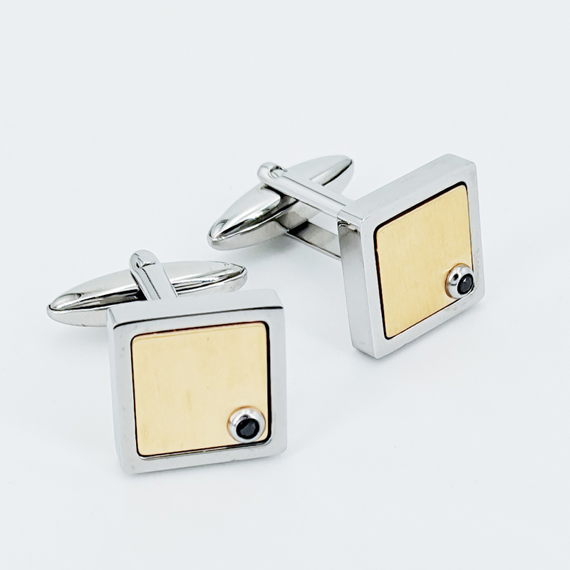 남성용 투톤 골드 도금 스테인리스 스틸 커프스 단추 블랙 CZ 스톤