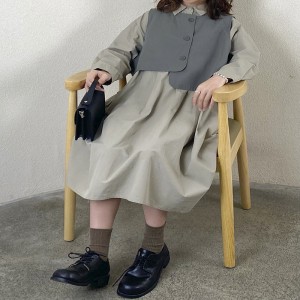 루즈 한 디자인 심 플 한 캐 주 얼 프린트 컬러 면 마 오 버 사이즈 로 1953 셔츠 원피스 + 나시