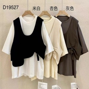 헐렁한 디자인 미니멀리스트 라운드 칼라 스타일 스티치 슬리브 스타일 캐주얼 솔리드 컬러 코튼 및 리넨 오버 사이즈 커스텀 19527 티셔츠 + 조끼