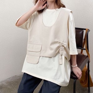 헐렁한 디자인 미니멀리스트 라운드 칼라 스타일 스티치 슬리브 스타일 캐주얼 솔리드 컬러 코튼 및 리넨 오버 사이즈 커스텀 19527 티셔츠 + 조끼