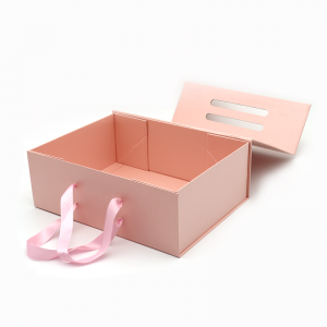 사용자 정의 로고 인쇄 접는 종이 플랫 팩 화장품 선물 포장 핑크 마그네틱 박스 손잡이