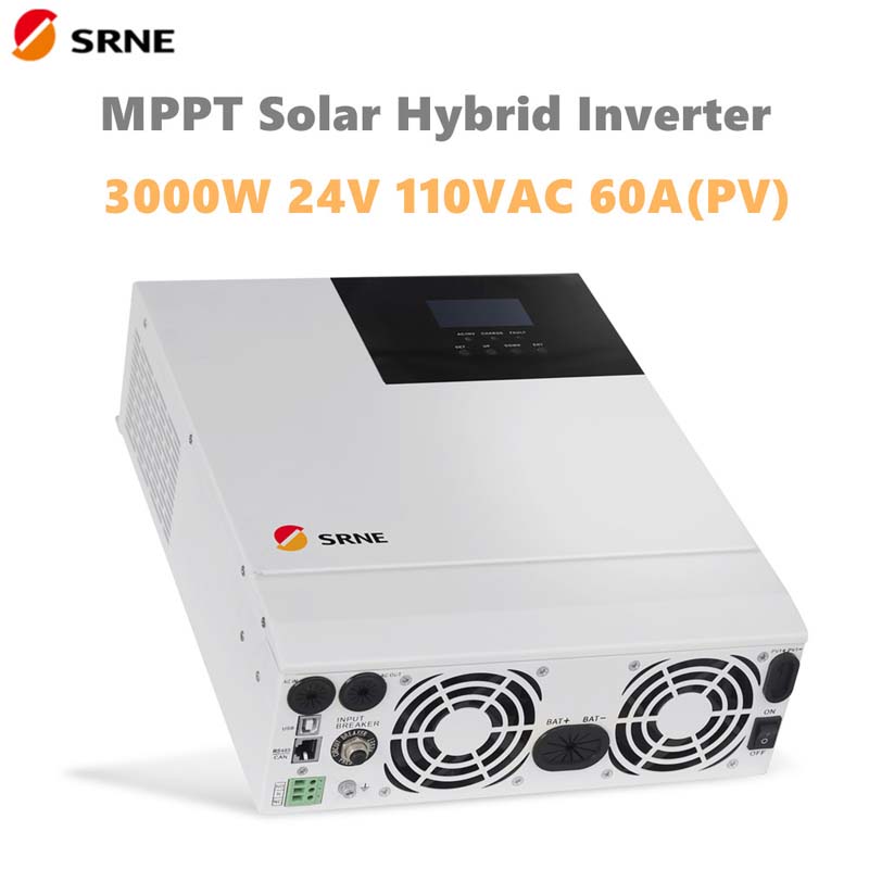 SRNE 3000W 올인원 MPPT 하이브리드 태양 인버터 24V 110VAC 순수 웨이브 최대 100V 60A 50Hz 60Hz 오프 그리드 충전 인버터