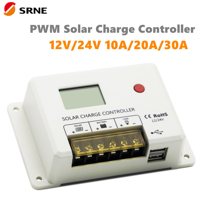 새로운 SRNE PWM 10A 20A 30A 태양 광 충전 컨트롤러 12V 24V 자동 LCD 디스플레이 듀얼 USB 5V/2A 포트 리드 산성 리튬 배터리