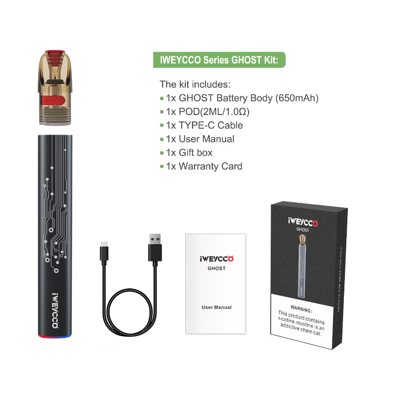 Iweycco 유령 vape 650mAh 12w 포드 키트 전자 담배 2ml 카트리지 기화기