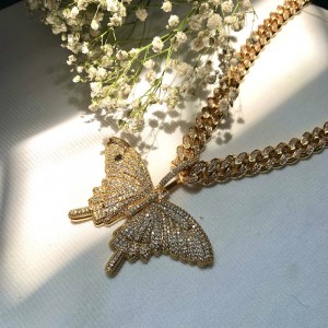 패션 블링 핑크 나비 목걸이 큰 크기 반짝 나비 펜던트 쿠바 체인