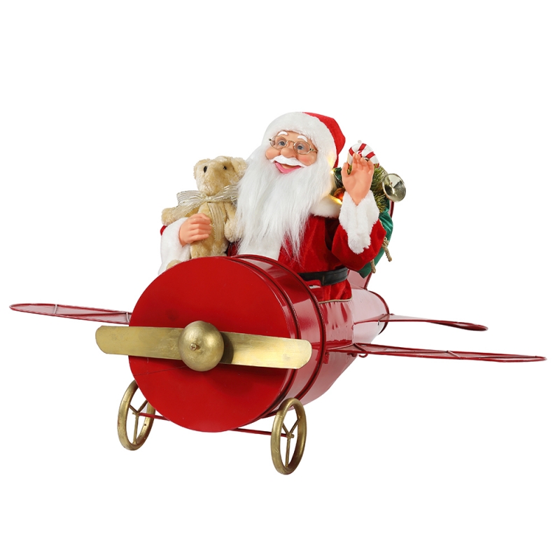 80cm 크리스마스 음악 애니메이션 산타 클로스 앉아 빨간색 비행기 장식 입상 클래식 휴일 장식 선물 컬렉션