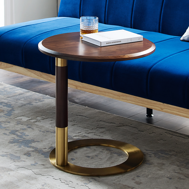 거실 현대 둥근 사이드 테이블 호두 탑 스테인레스 스틸베이스 우드 커피 테이블