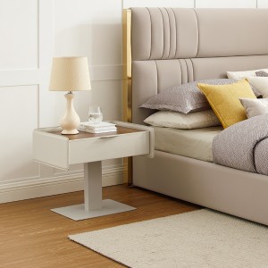 현대 이탈리아 브라운 나이트 스탠드 카본 스틸 레그 가죽 큰 침대 옆 테이블 나무