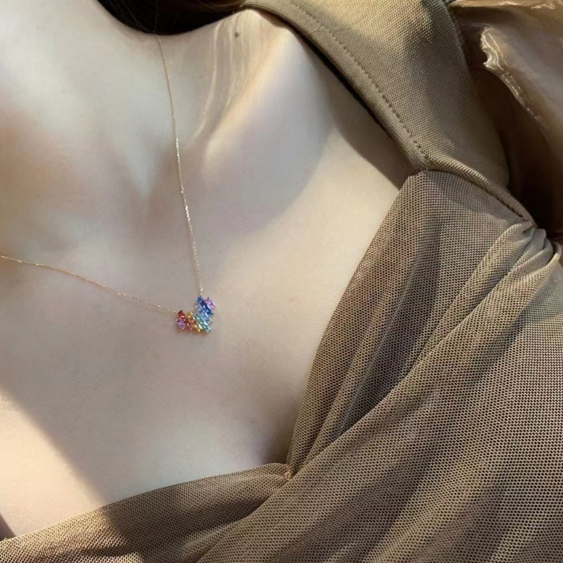 Tuochen Jewelry New 18k 옐로우 골드 화려한 사파이어 무지개 심장 목걸이