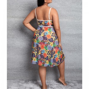 흰색 붕대 디테일이있는 열대 인쇄 카미 드레스