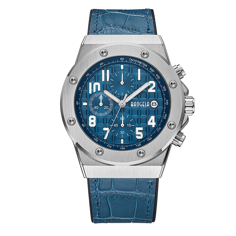 Baogela Men \\ 'S 크로노 그래프 석영 시계 2022 새로운 방수 스포츠 캐주얼 손목 시계 맨 가죽 스트랩 시계 1805 Blue