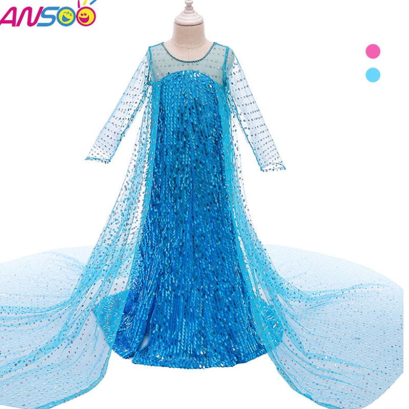 Ansoo Top 판매 천 Fancy Princess Dress up 스팽글 롱 테일 2022 Elsa Anna 드레스를위한 엘사 안나 드레스