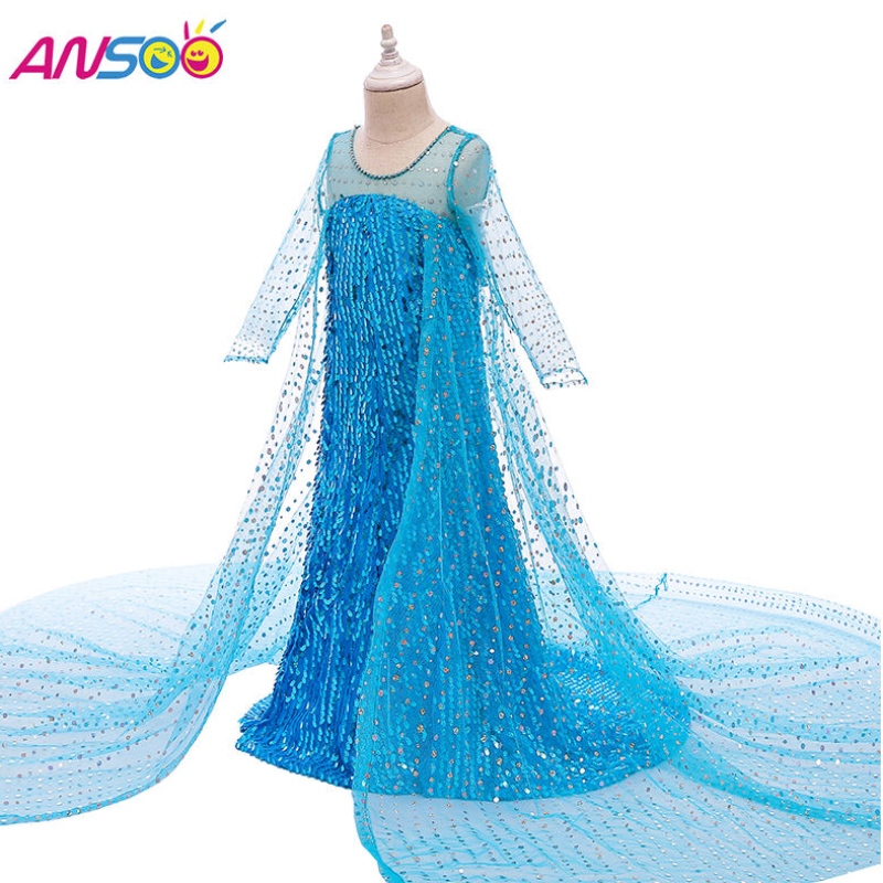 Ansoo Top 판매 천 Fancy Princess Dress up 스팽글 롱 테일 2022 Elsa Anna 드레스를위한 엘사 안나 드레스