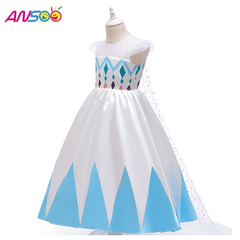 Ansoo New Wholesale Price 만화 Elsa White Princess for Girls 드레스 할로윈 의상 소녀