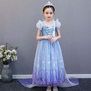 Baige 2021 New Blue Elsa Anna Girl Dress Cosplay Dresses up with Handmade Necklace와 Long Cape