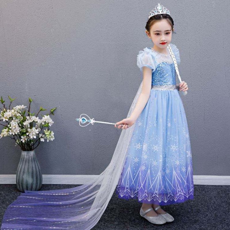 Baige 2021 New Blue Elsa Anna Girl Dress Cosplay Dresses up with Handmade Necklace와 Long Cape