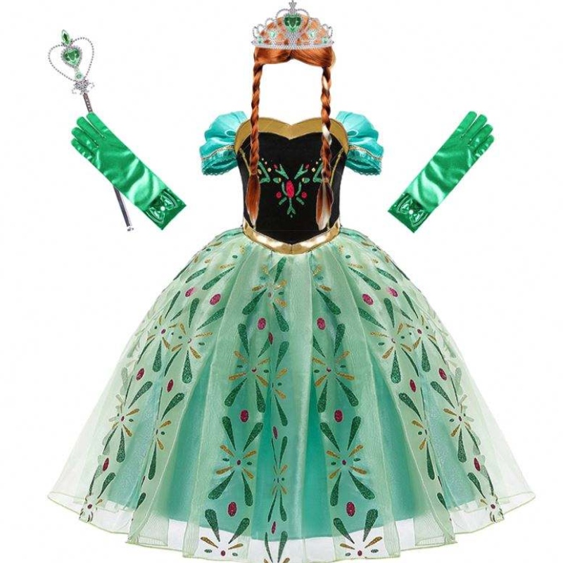 안나 드레스 여자 코스프레 스노우 퀸 공주 의상 의상 어린이 할로윈 옷 아이 생일 카니발 팬시 드레스와 가발
