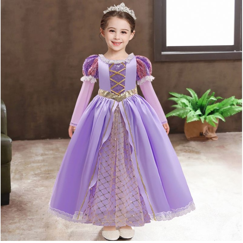 Baige Girls Princess Sofia Dress Cosplay Costume 어린이 스팽글 스팽글 소피아 층 긴 소매 어린이 카니발 할로윈 파티 드레스