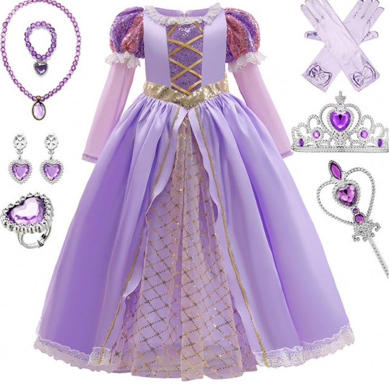 Baige Girls Princess Sofia Dress Cosplay Costume 어린이 스팽글 스팽글 소피아 층 긴 소매 어린이 카니발 할로윈 파티 드레스