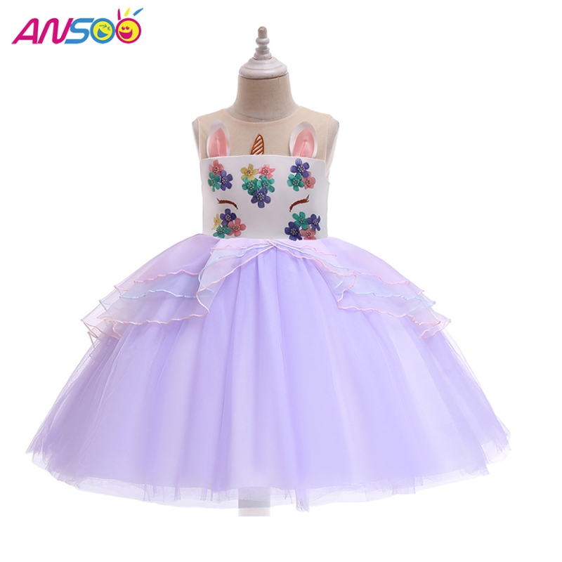 Ansoo Unicorn Princess Flower Girl Dress 도매 어린이 웨딩 드레스 무릎 길이 소녀 파티 드레스