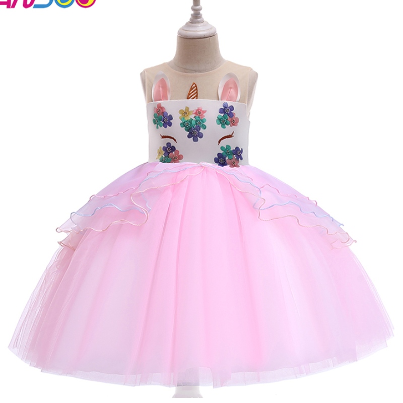 Ansoo Unicorn Princess Flower Girl Dress 도매 어린이 웨딩 드레스 무릎 길이 소녀 파티 드레스