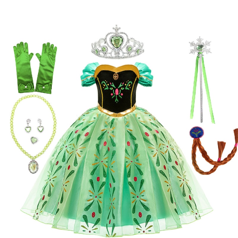 Anna Princess Girls Green Dress Children \\ '의 공연 의상 성장 파티를위한 액세서리 가득한 의상