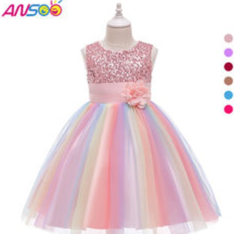 Ansoo Amazon Luxury Sleeveless Beautiful Princess Kids Ball Gown Children \\ '의 의류 보라색 꽃 소녀 드레스 주름 치마