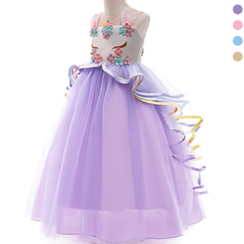 Ansoo Girls Unicorn Dress Applique Party Cosplay 여름 할로윈 멋진 잡초 핑크 유니콘 드레스 2-13y 소녀