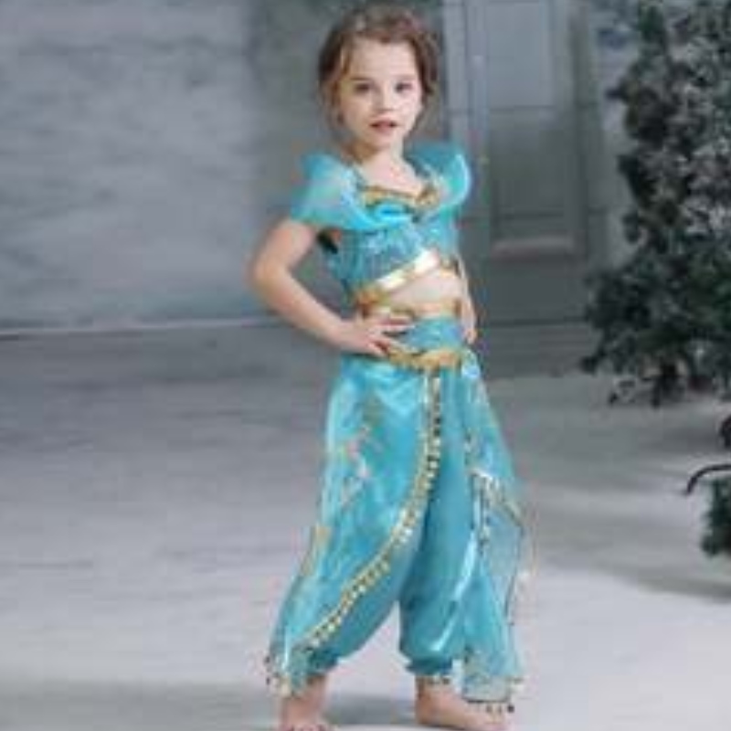 Baige Aladdin Cosplay Princess Jasmine Costume Girls Tops and Pants 의류 세트 가발 BX1625