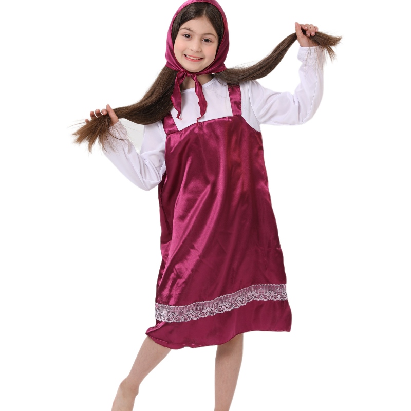 Masha and Bear Cosplay Party 무대 무덤 아동 의상 의상 Masha Silk Dress for Girl
